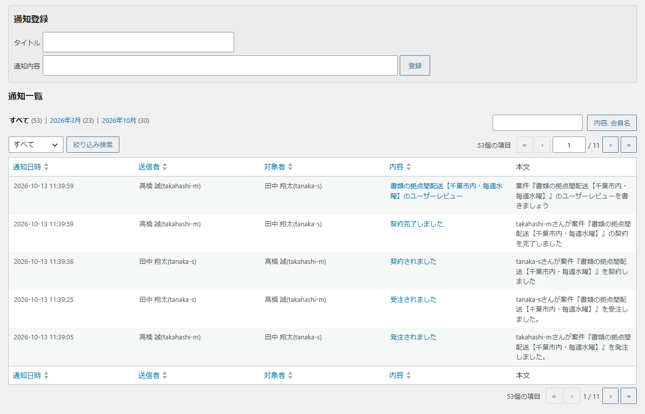 通知一覧の画面。上に通知登録のタイトルと通知内容の入力欄、下に通知日時・送信者・対象者・内容・本文の表